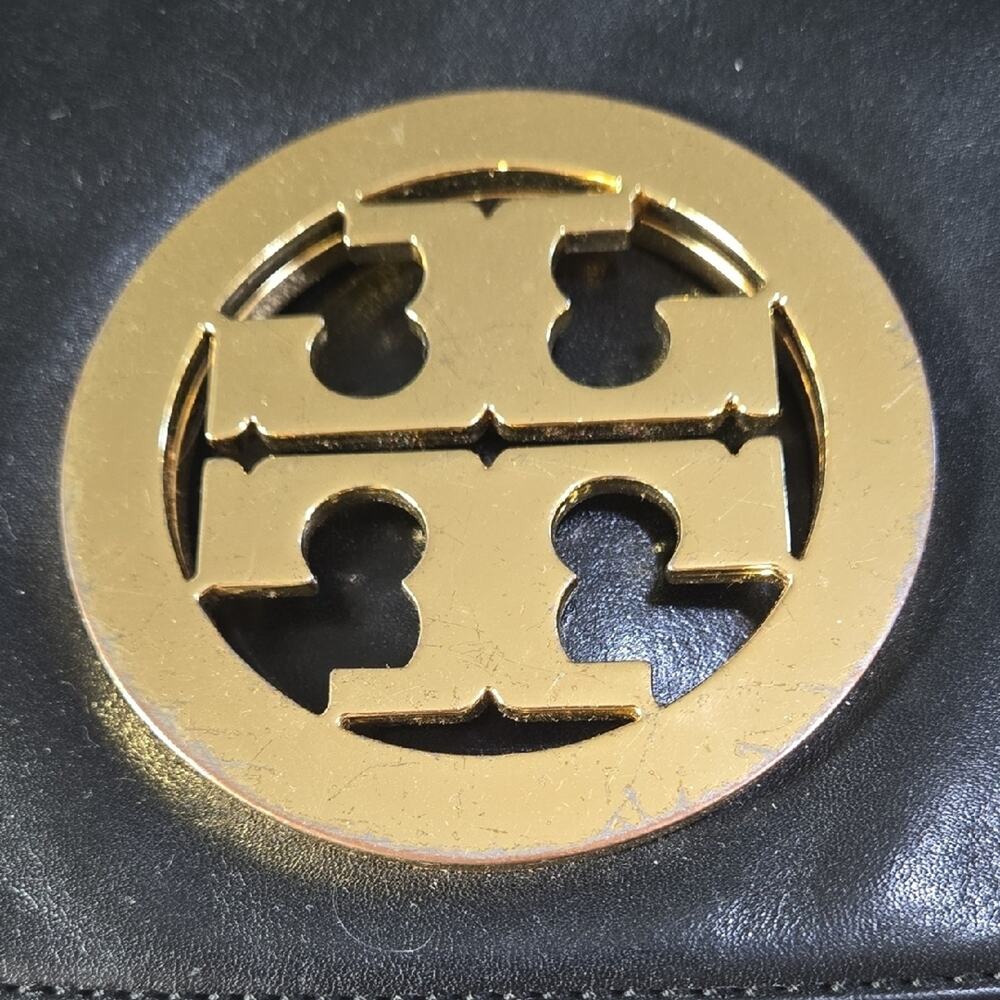 Tory Burch Black Leather Clutch with Gold Crossbody Chain - Picture 2 of 13